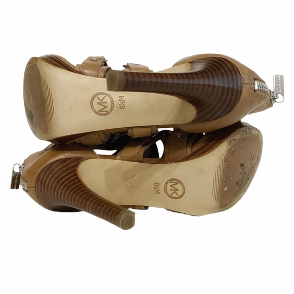 Michael MICHAEL KORS LEONIA LEATHER TAN STRAPPY ANKLE HEELED SANDALS - Picture 5 of 10